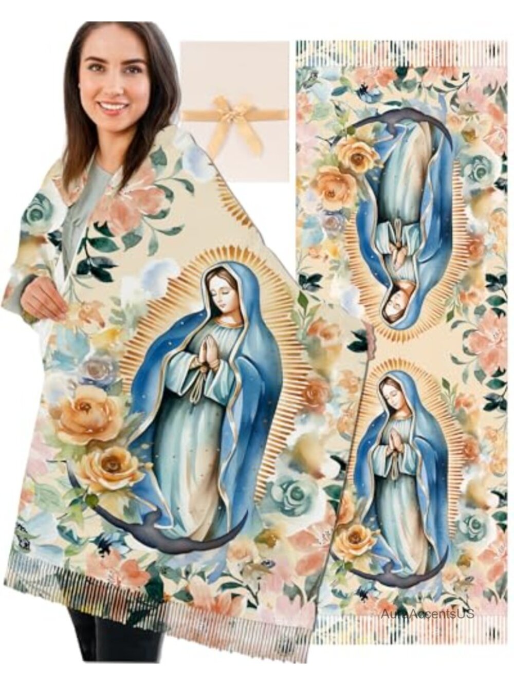 Virgen De Guadalupe Shawl Scarf Wrap for Women, Oversized Soft Cotton Pashmina,